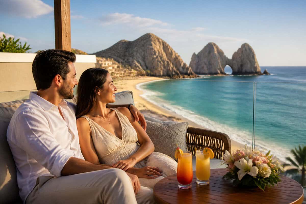 Newlywed couple relaxing at a beachfront resort in Cabo San Lucas with tropical drinks and rocky coastline views.