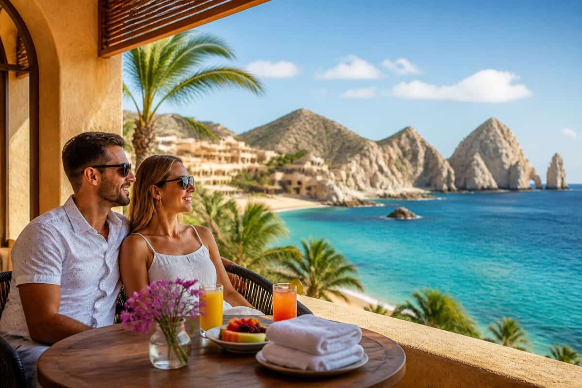 A newlywed couple relaxes on a beachfront resort terrace overlooking the Cabo San Lucas coastline.