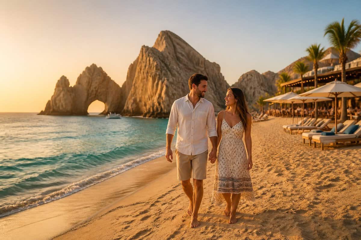 Newlywed couple walking on a beach near Cabo San Lucas with El Arco in the background.