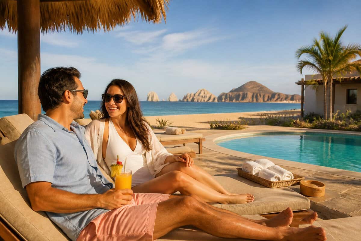 Newlywed couple relaxing by a resort pool overlooking the beach and coastline in Cabo San Lucas.