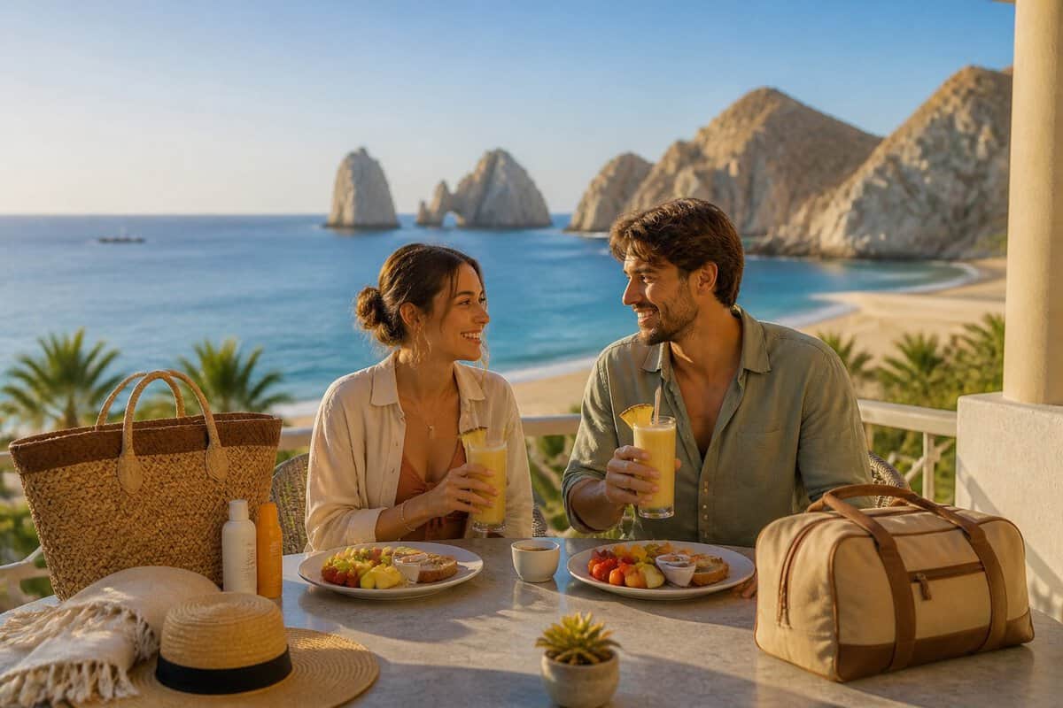 A newlywed couple shares a romantic moment on a resort terrace overlooking the Sea of Cortez in Cabo San Lucas.