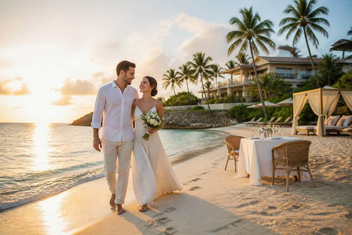 Newlywed couple walking on a tropical beach beside a luxurious resort and romantic table for two.