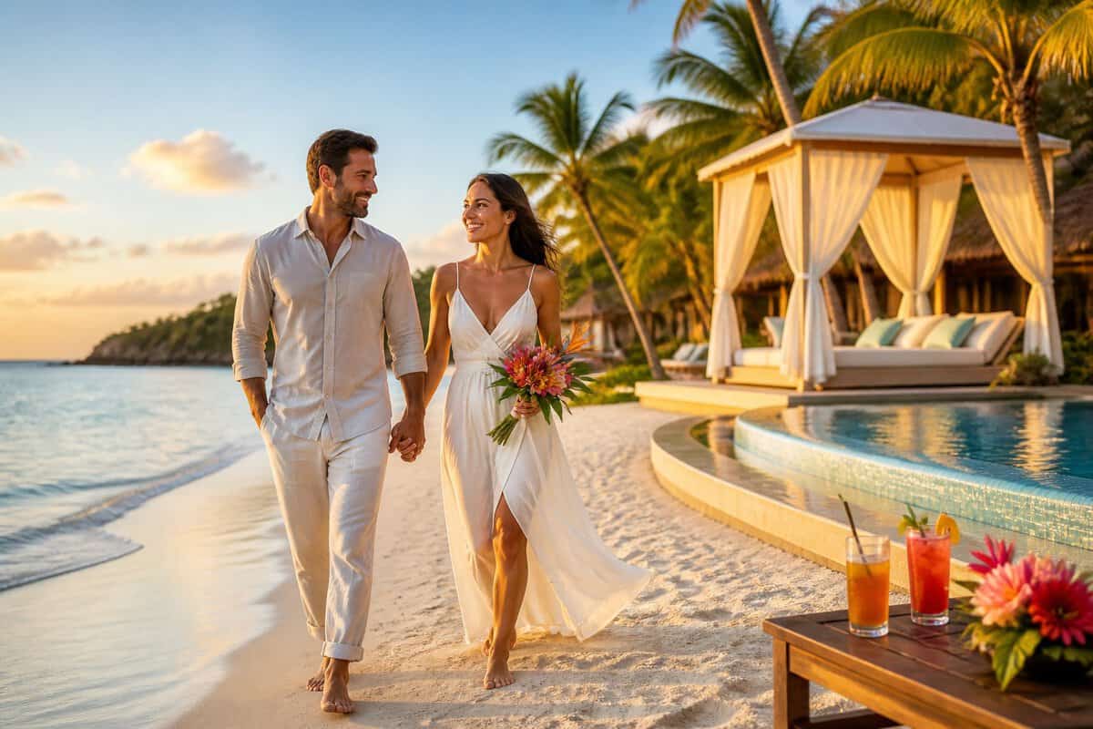 Newlywed couple walking hand in hand on a tropical beach beside a luxury resort.