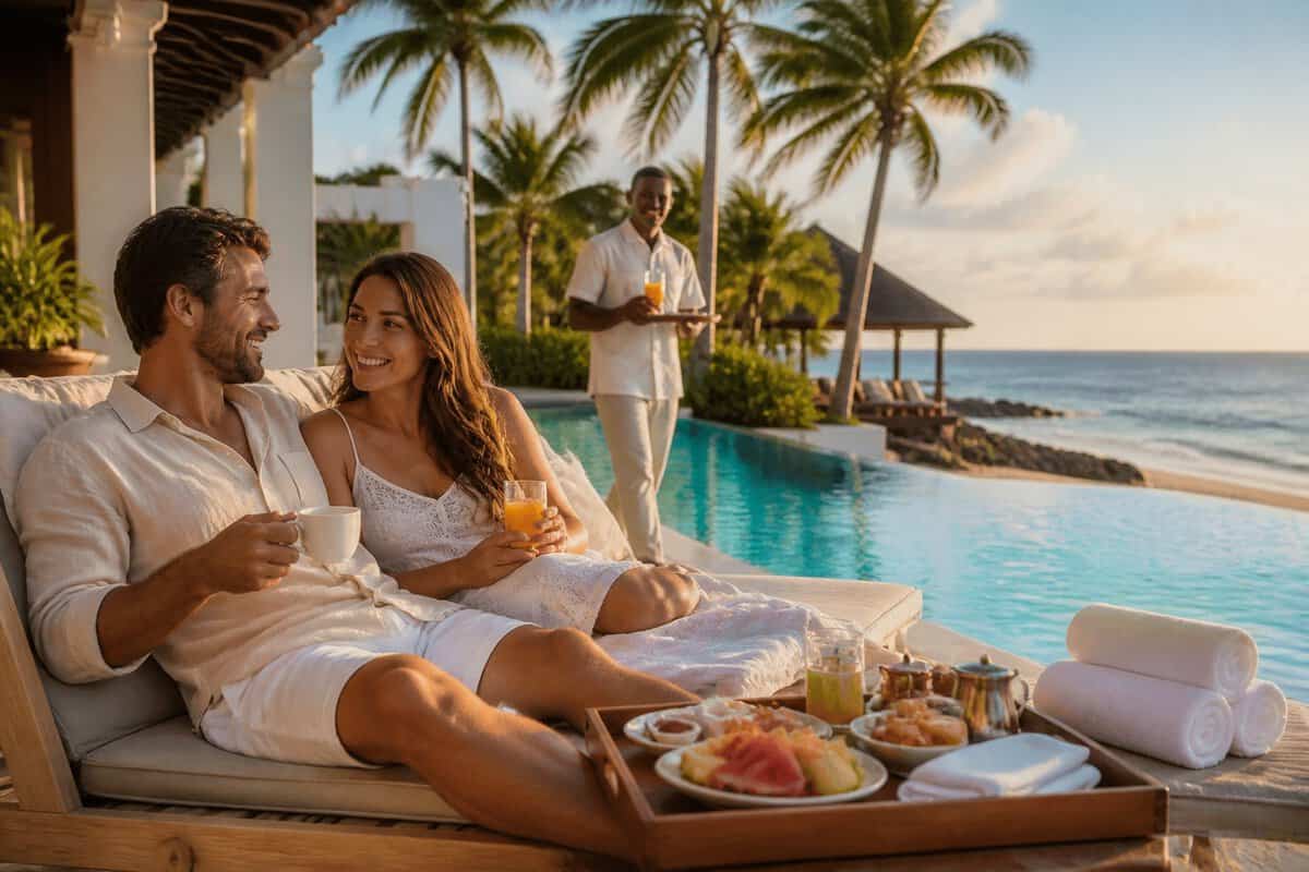 Newlywed couple relaxing by a tropical resort pool beside a sunny beach.