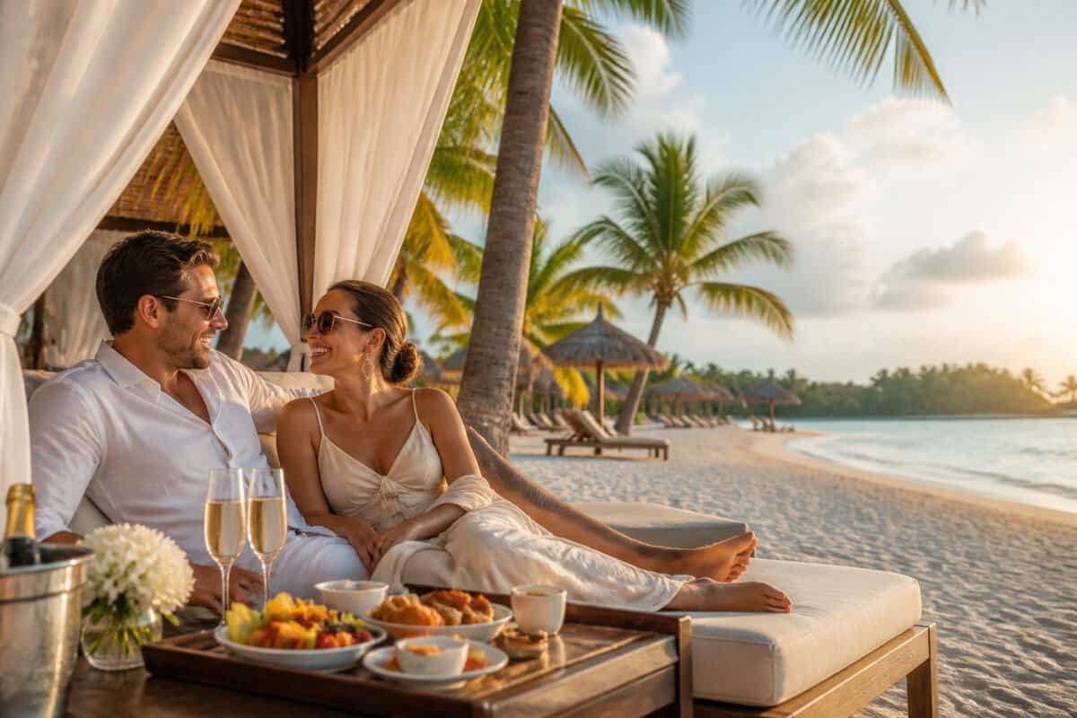 Newlywed couple relaxing at a luxurious tropical beach resort with breakfast and drinks nearby.