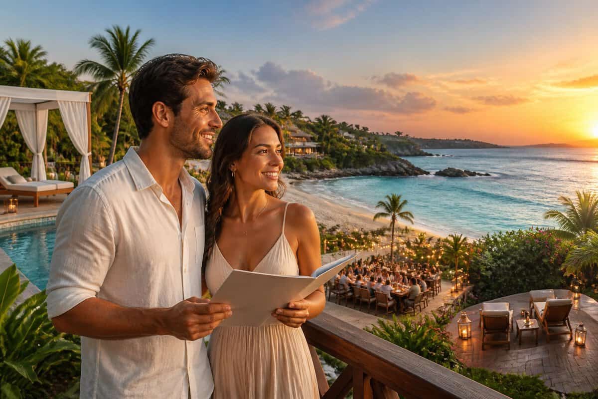 A newlywed couple compares resort amenities from a tropical terrace overlooking the ocean.