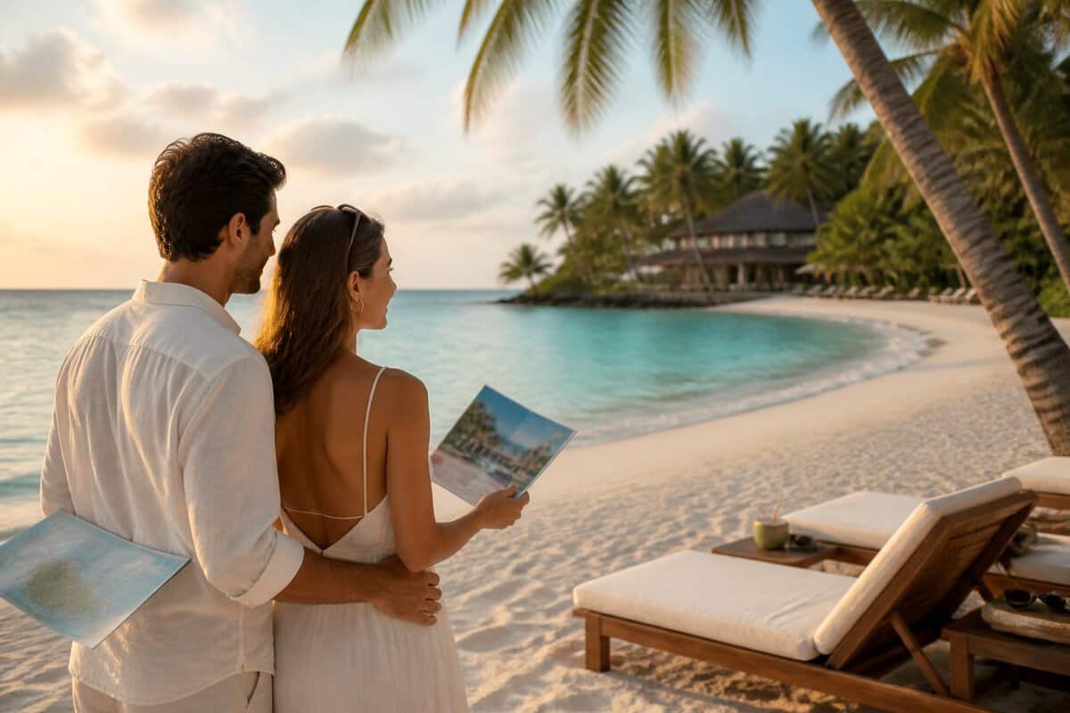 A newlywed couple stands on a tropical beach overlooking a turquoise lagoon and a luxury resort.