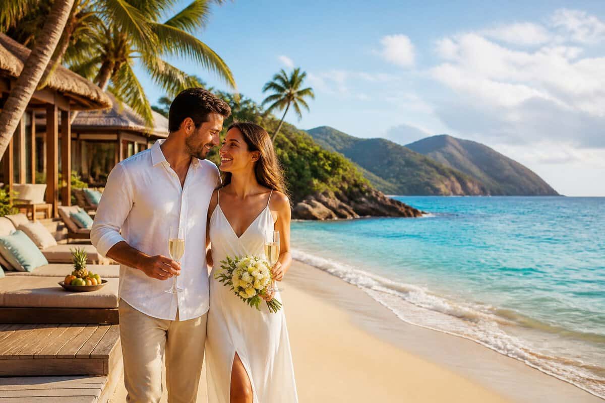 Newlywed couple relaxing together at a luxurious tropical beach resort.