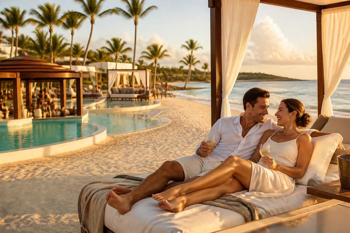 A newlywed couple relaxes on a tropical beach at a luxurious all-inclusive resort.