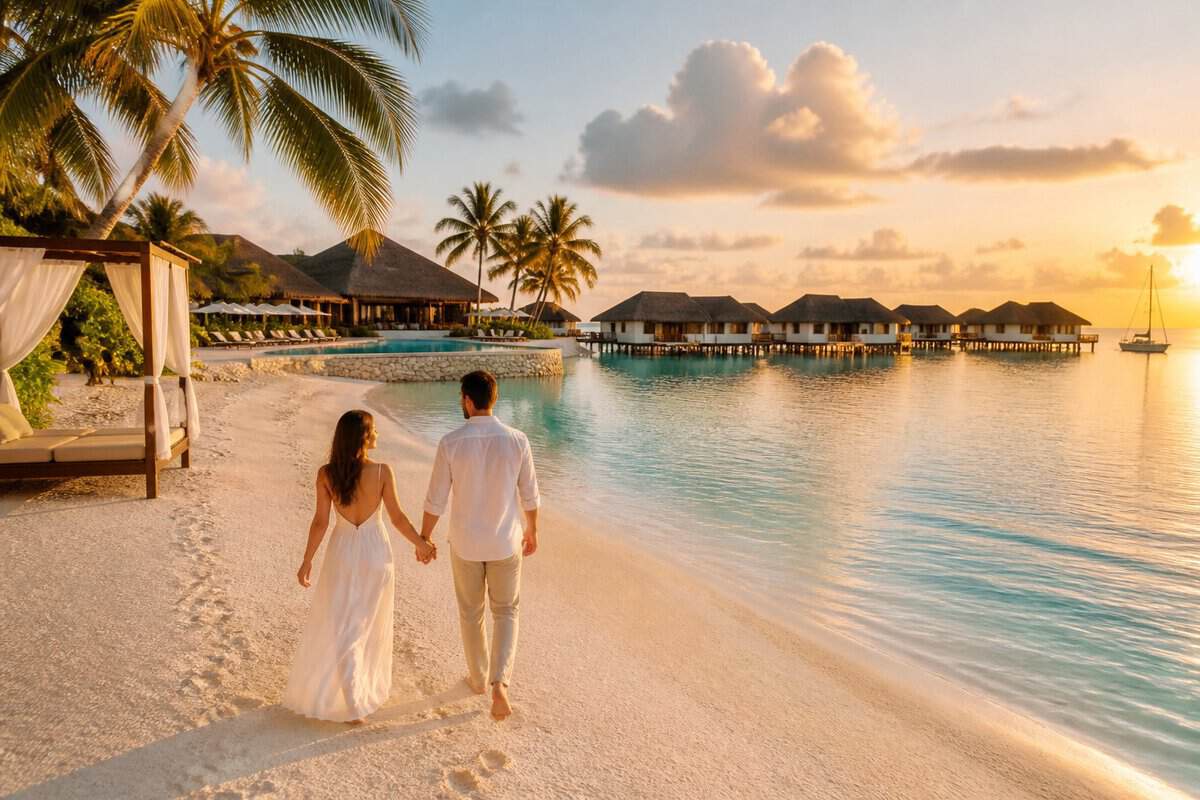 A couple walks hand in hand along a tropical beach toward a luxurious all-inclusive resort with overwater villas.