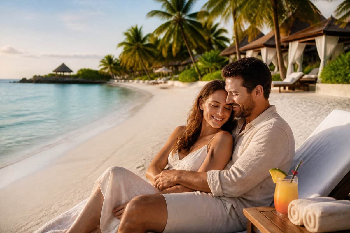 A newlywed couple embraces on a tropical beach beside a luxury resort.