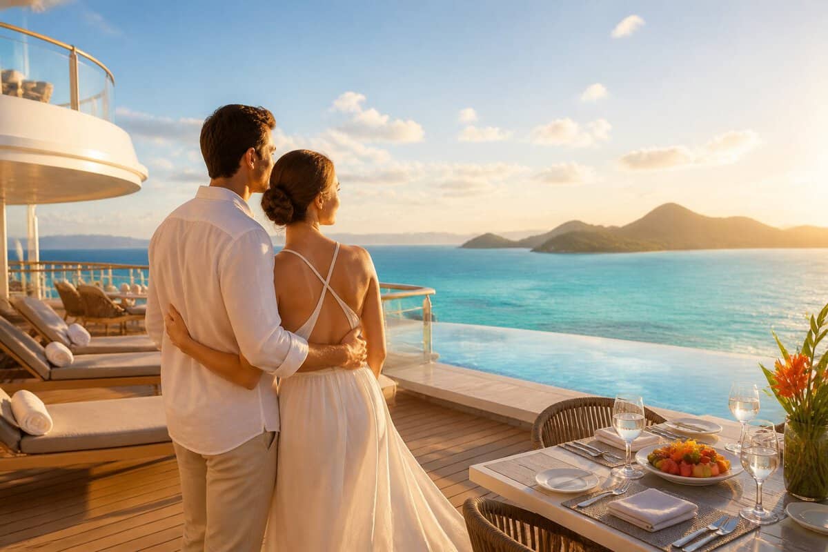 A newlywed couple embraces on a cruise ship deck overlooking a tropical ocean.
