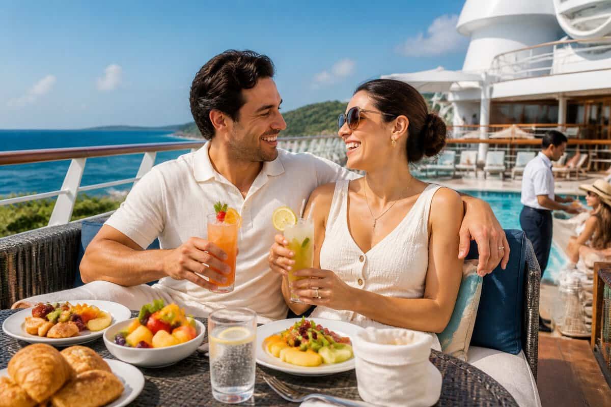 Newlywed couple relaxing on a cruise ship deck beside an all-inclusive meal and tropical drinks.