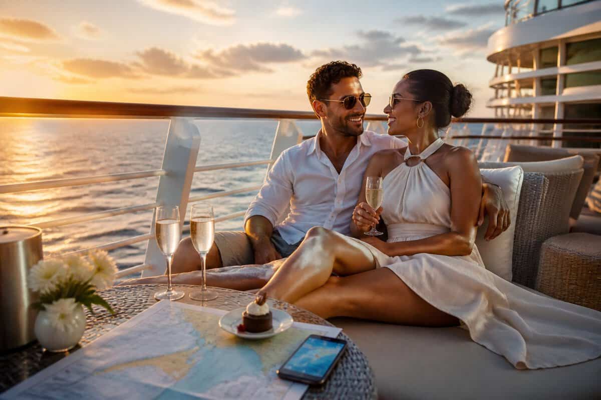 Newlywed couple relaxing on the deck of a cruise ship overlooking the ocean.