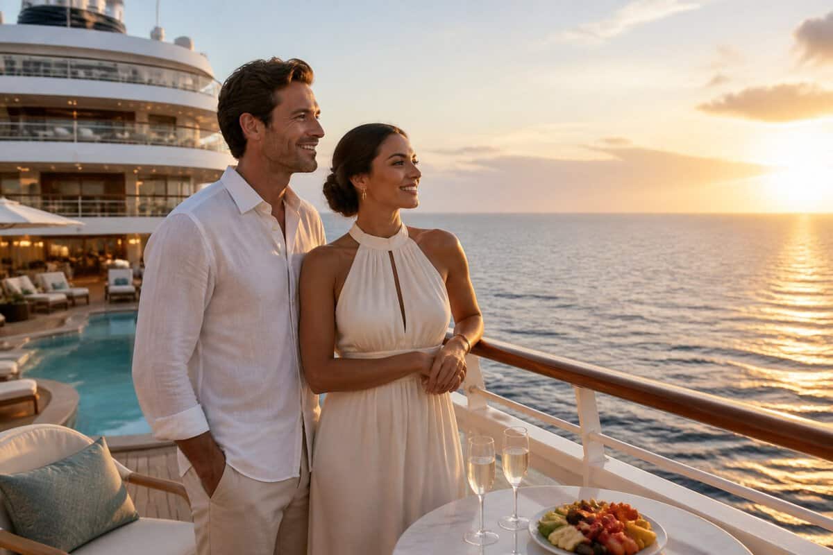 A newlywed couple enjoys a luxurious cruise ship deck overlooking the ocean.