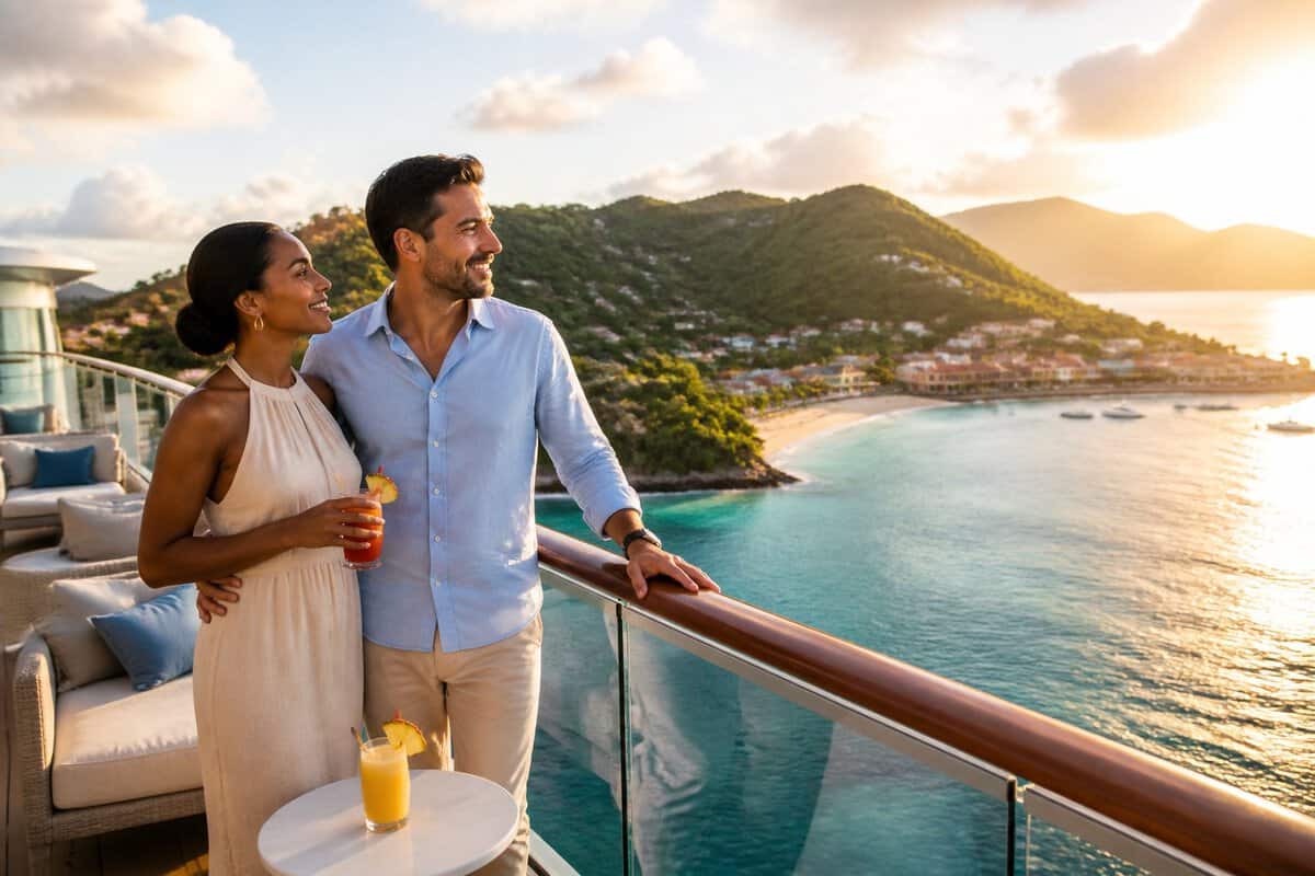Newlywed couple viewing a tropical coastline from the deck of a cruise ship.