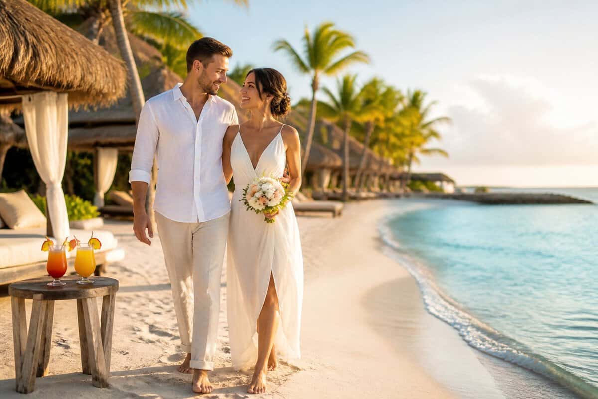 A newlywed couple walks along a white-sand beach at a tropical Bahamas resort.
