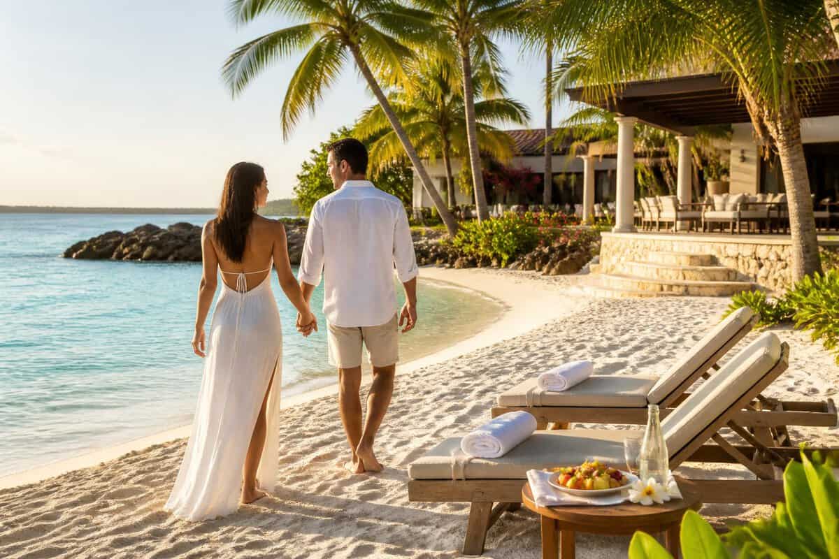 A newlywed couple walks along a white sandy beach beside turquoise water at a tropical Bahamas resort.