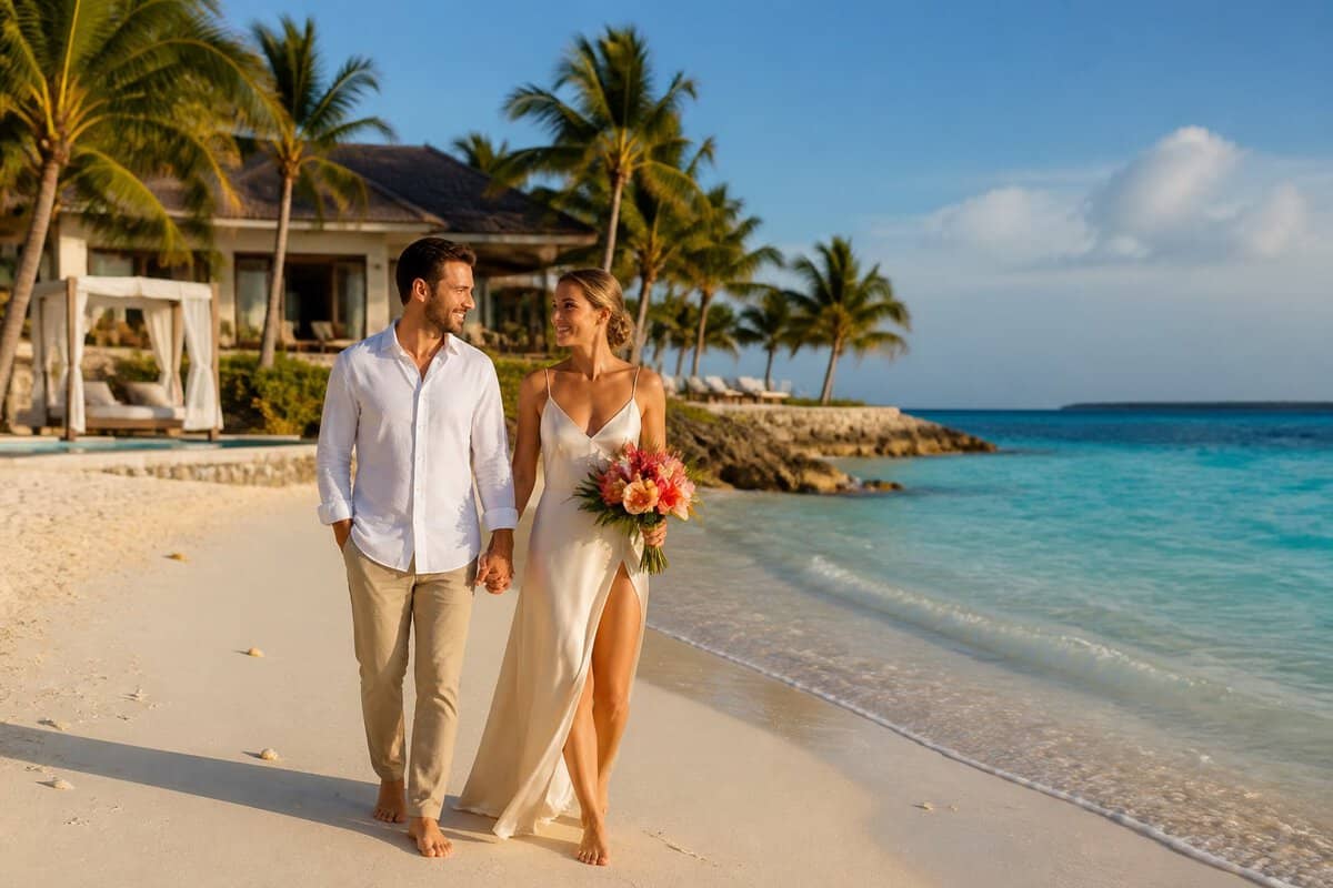 Newlywed couple holding hands on a white-sand beach at a tropical Bahamas resort.