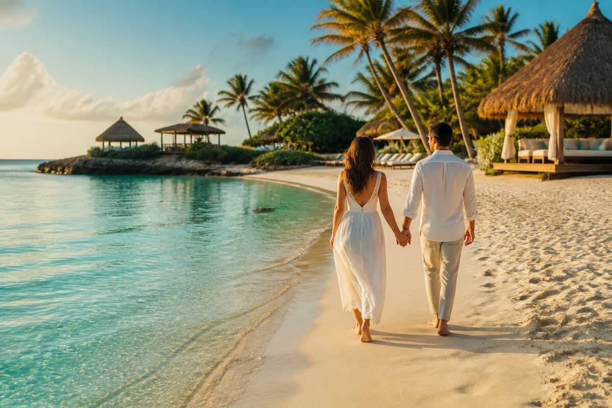 A newlywed couple walks hand in hand along a white-sand beach at a tropical Bahamian resort.
