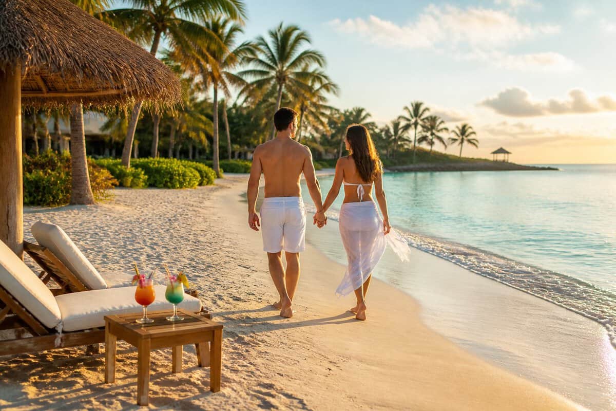 Newlywed couple walking along a white-sand beach at a tropical Bahamas resort.