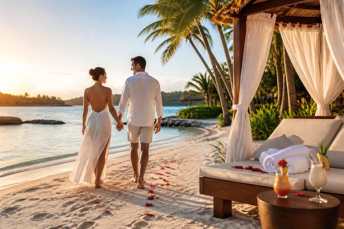 A newlywed couple walks hand in hand along a tropical beach beside a luxury resort.