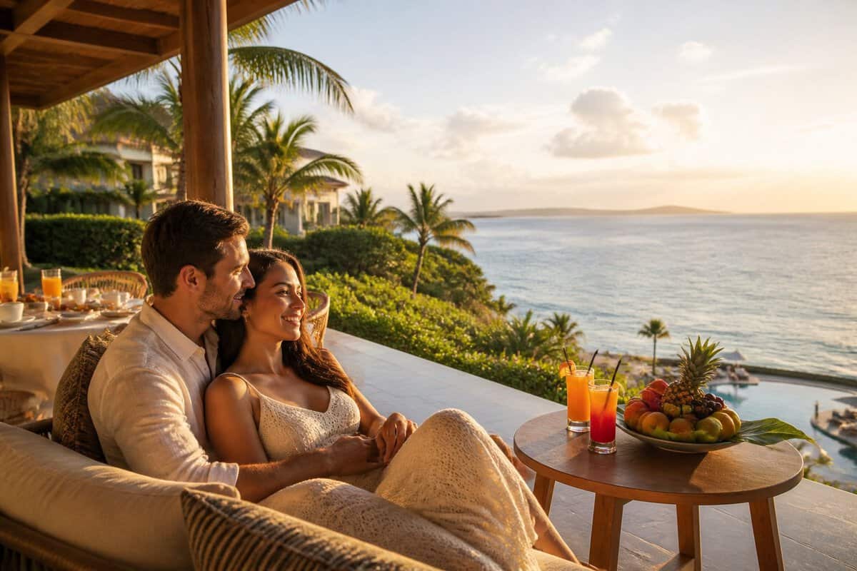 A newlywed couple relaxes on a tropical resort terrace overlooking the ocean.