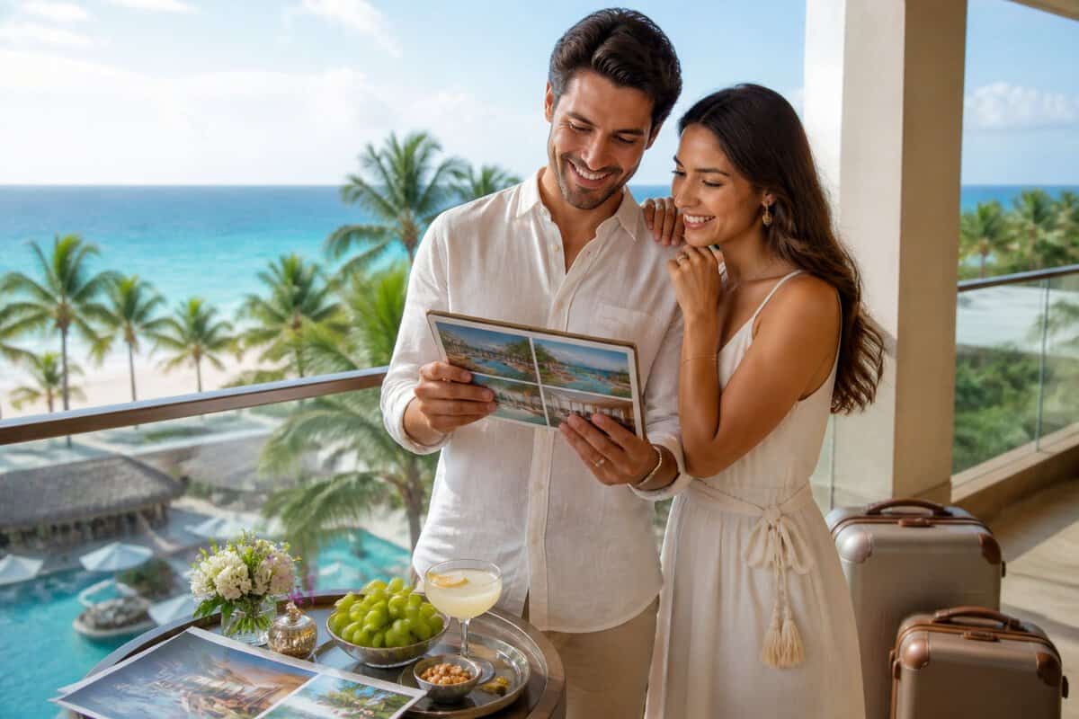 A newlywed couple compares travel options on a balcony overlooking a tropical resort and ocean.