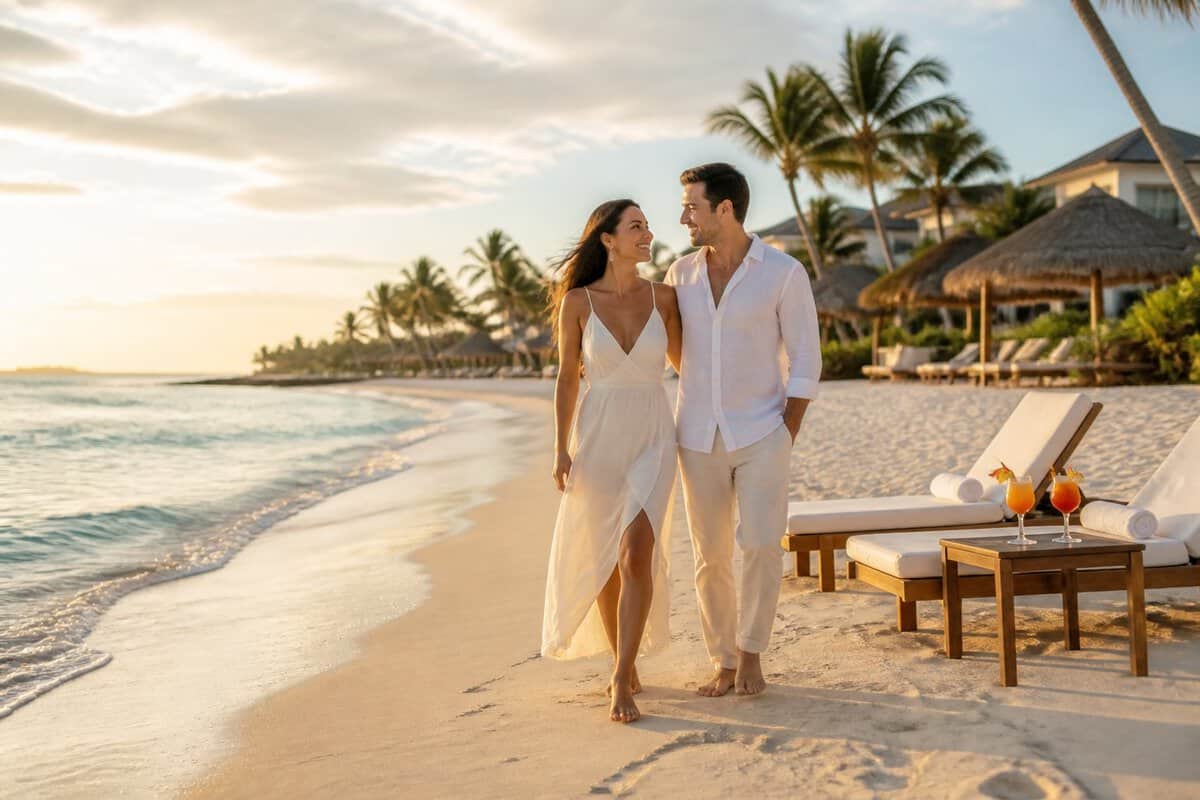 Newlywed couple walking along a tropical beach beside a luxurious resort at sunset.