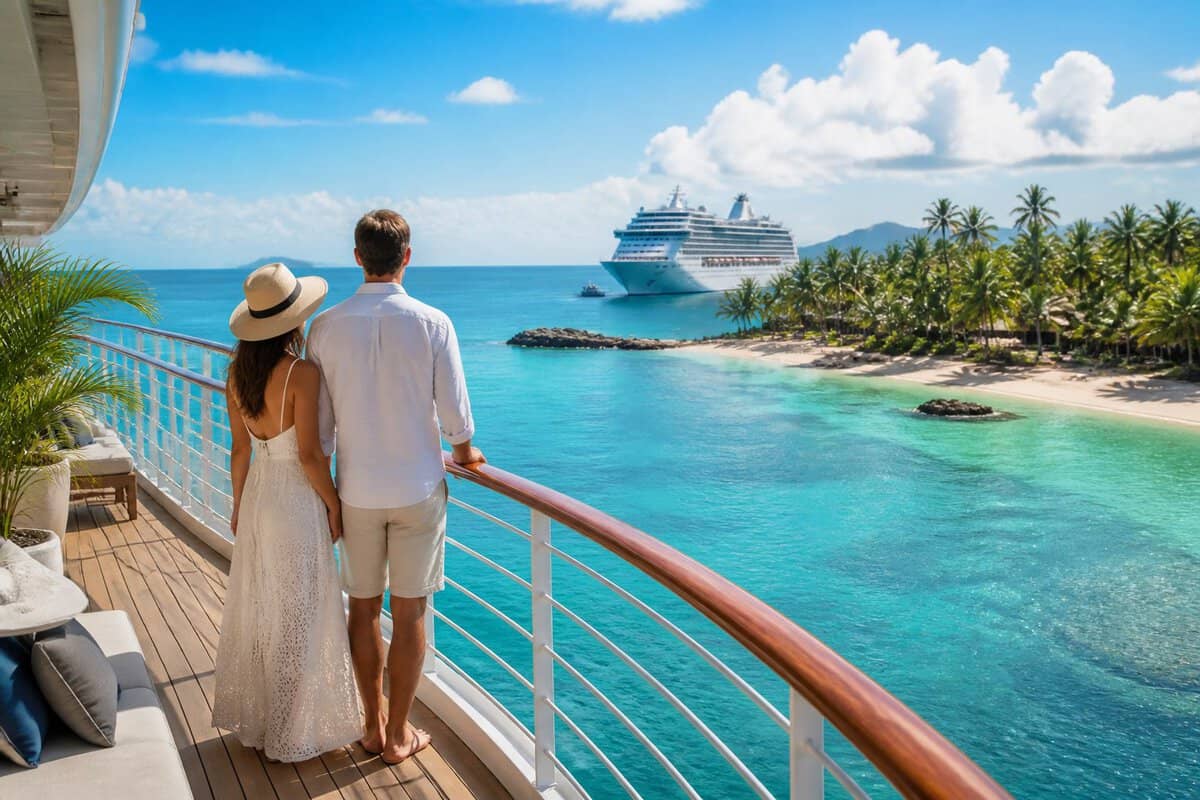 A newlywed couple enjoys a tropical Caribbean view from the deck of a cruise ship.