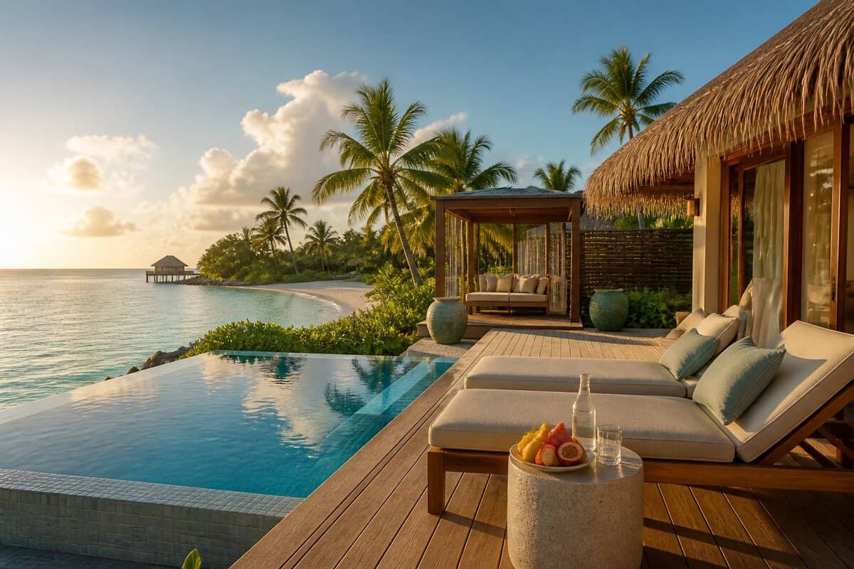 A secluded tropical resort villa with a private pool overlooking a calm turquoise ocean.