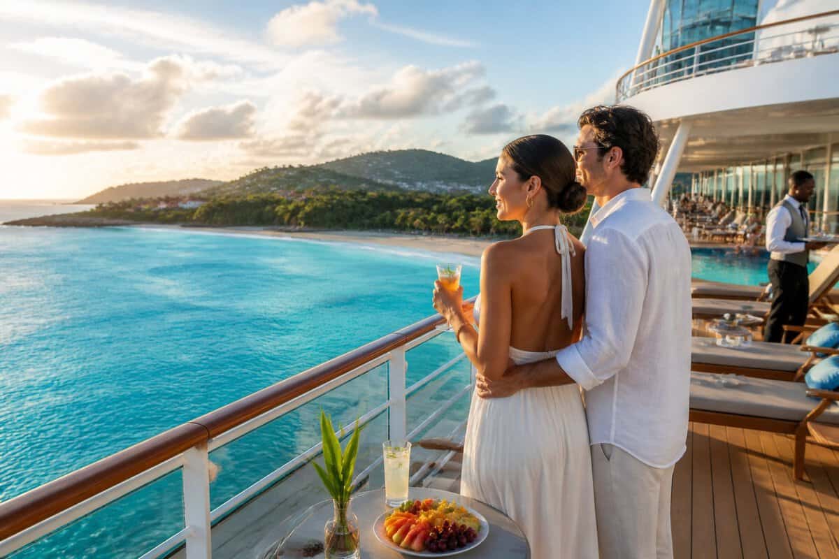 Newlywed couple relaxing on a cruise ship deck while viewing a tropical Caribbean island.