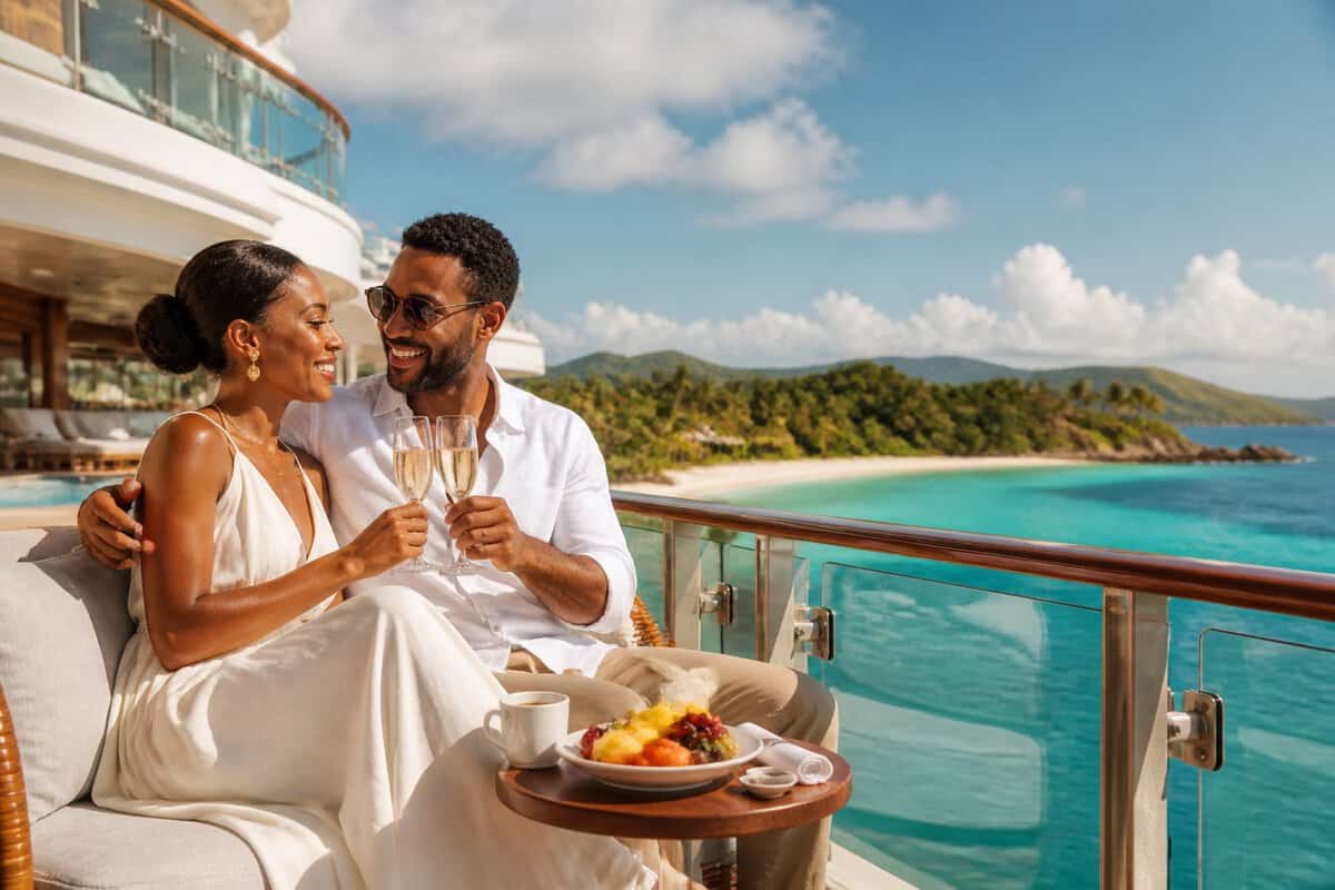 Newlywed couple relaxing on a luxury cruise ship deck overlooking the turquoise Caribbean Sea.