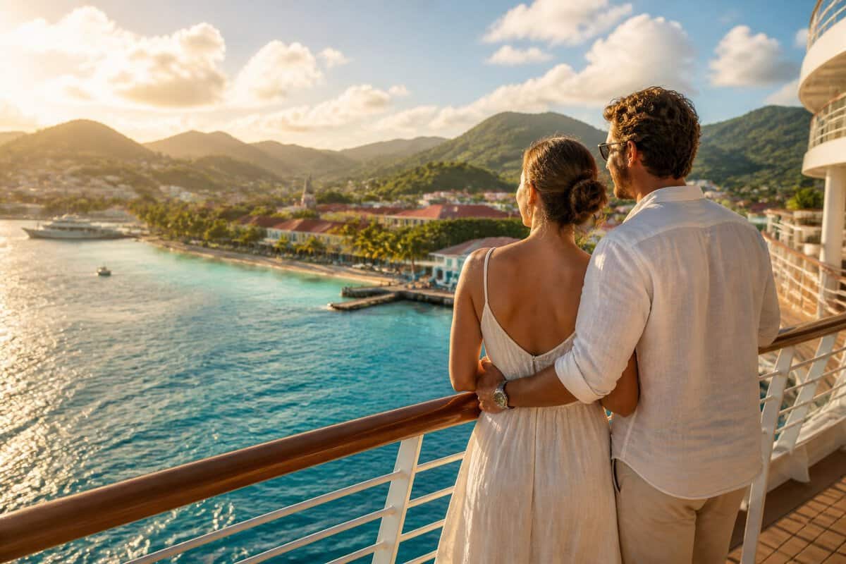 A newlywed couple on a cruise ship looks toward a scenic Caribbean port with turquoise water, palm trees, and colorful coastal buildings.