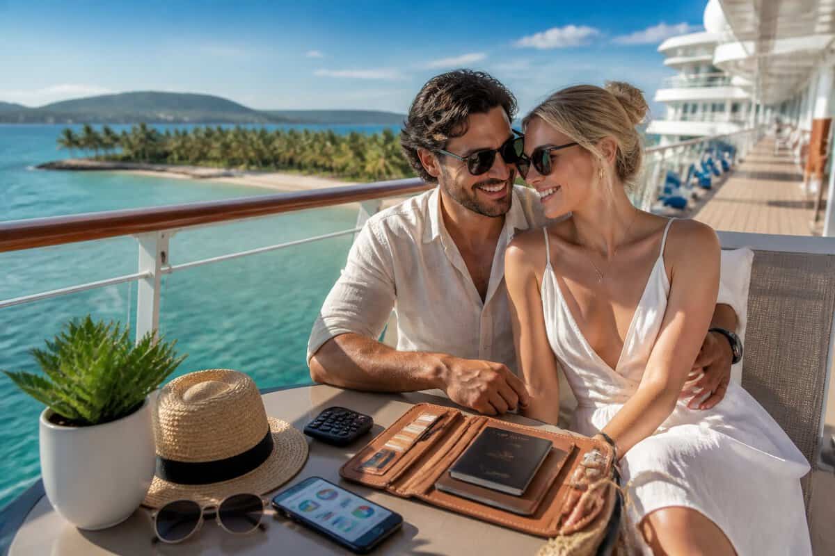 A newlywed couple relaxes on a luxury cruise ship overlooking the turquoise Caribbean Sea, with travel-planning items nearby.