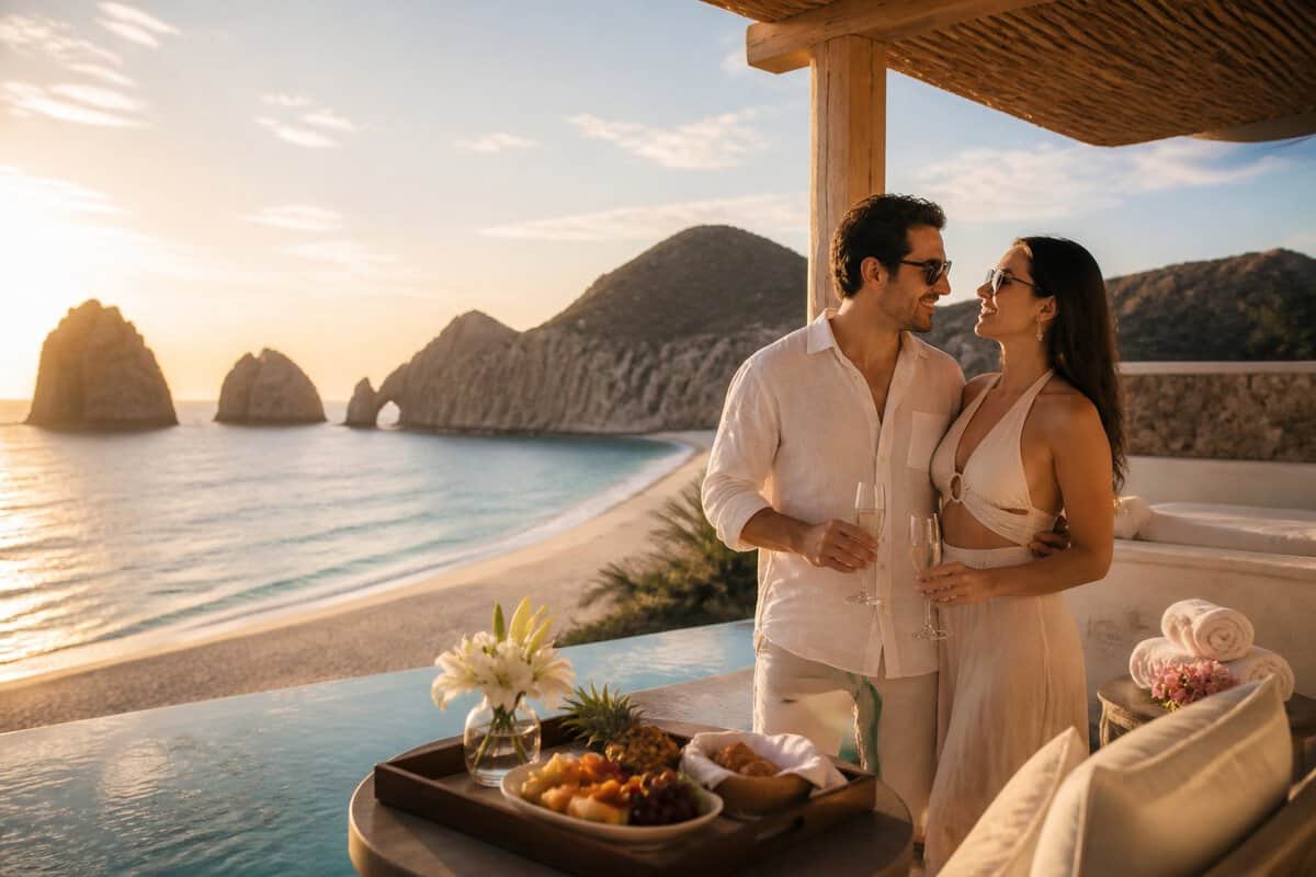 A newlywed couple enjoys a luxury beachfront resort terrace overlooking the ocean and Cabo San Lucas coastline.