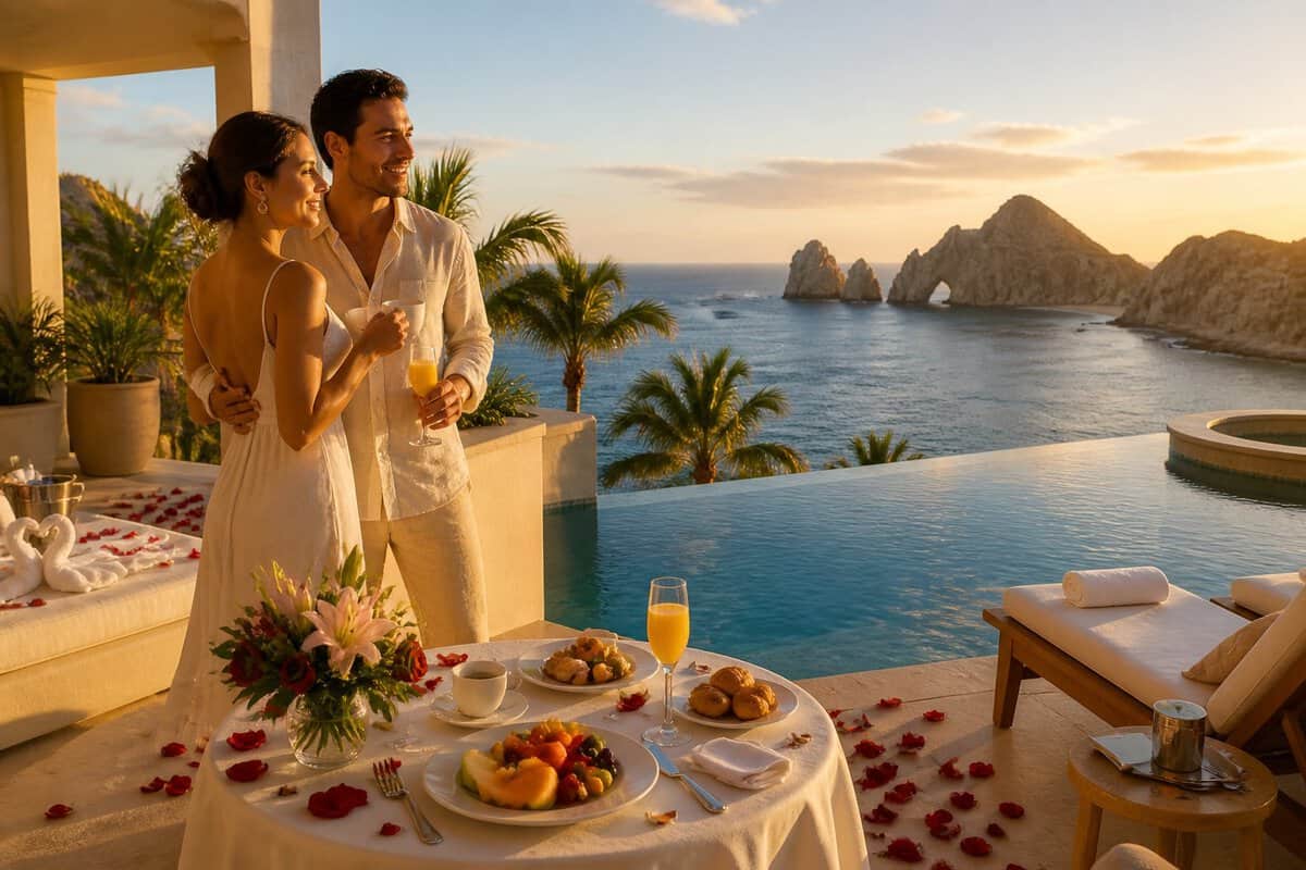 Newlywed couple enjoying breakfast on a luxury beachfront resort terrace overlooking Cabo San Lucas.