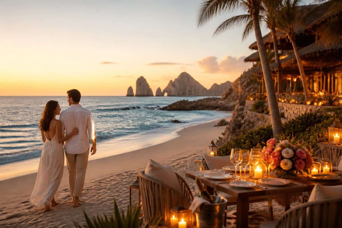 A newlywed couple walks along a Cabo beach beside a candlelit dinner setup at sunset.