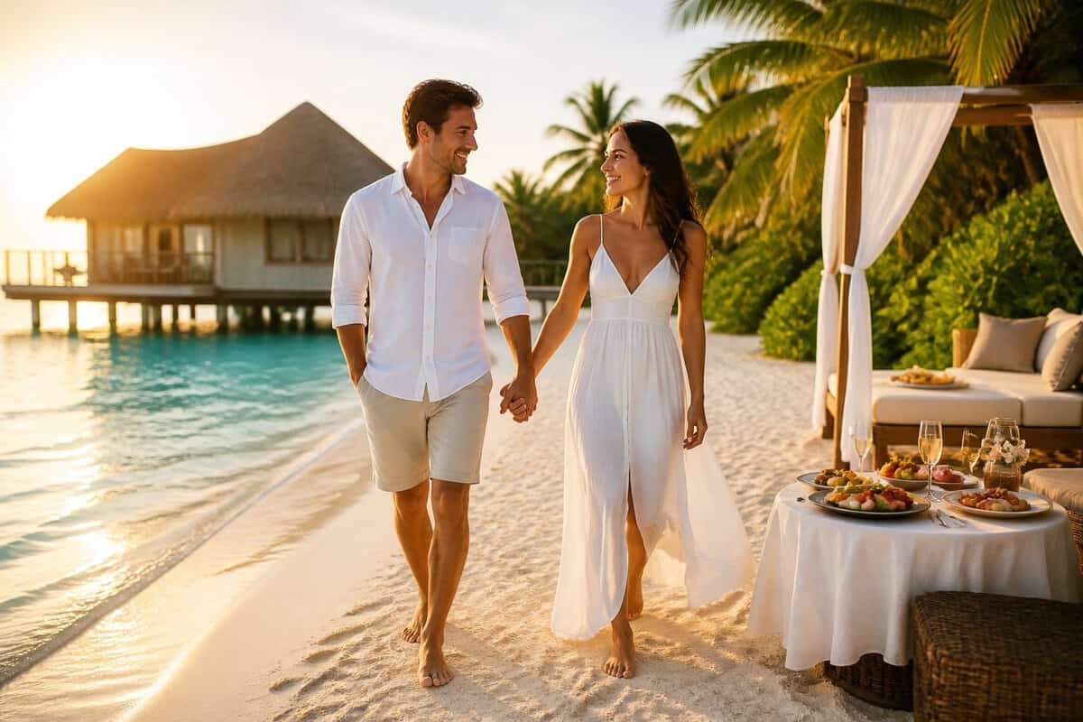 Newlywed couple walking hand in hand along a tropical beach at a luxury resort.
