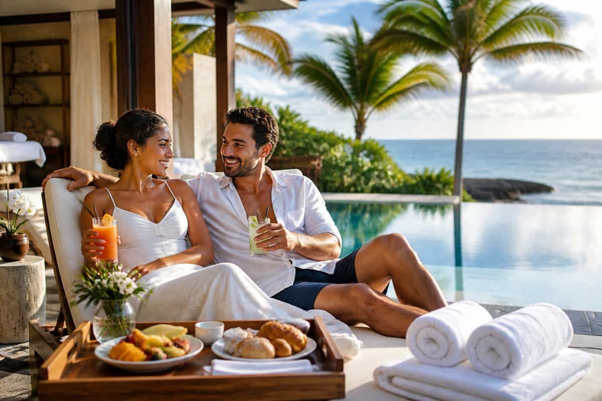 Newlywed couple relaxing beside an infinity pool at a tropical all-inclusive resort with breakfast and spa amenities nearby.