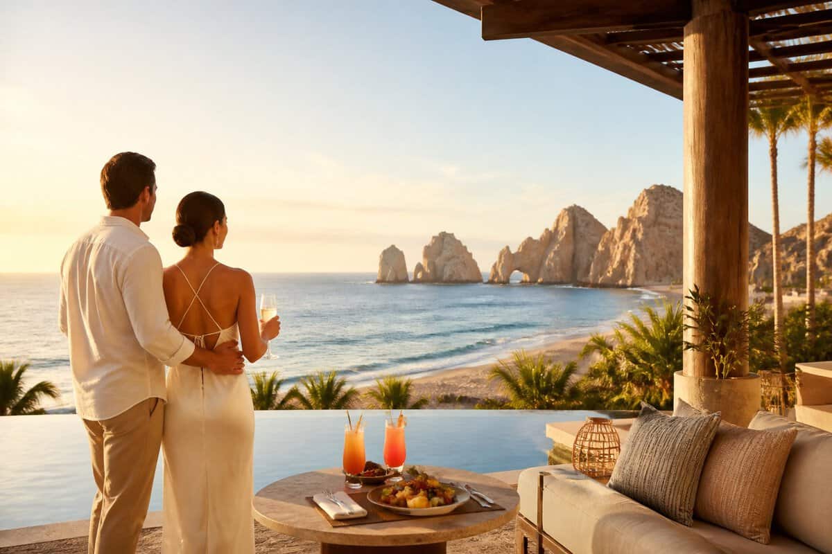 A newlywed couple enjoys a luxury beachfront resort overlooking the Cabo San Lucas coastline.