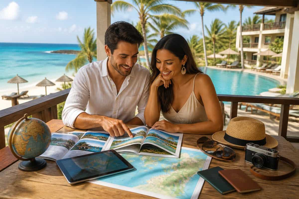 A newlywed couple compares travel materials while choosing a tropical all-inclusive honeymoon destination.