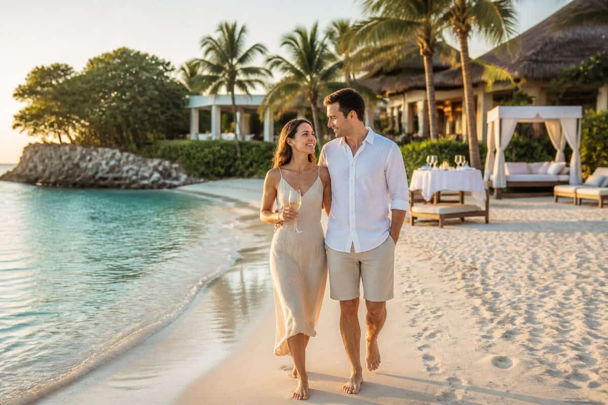 Newlywed couple walking along a tropical resort beach near turquoise water.