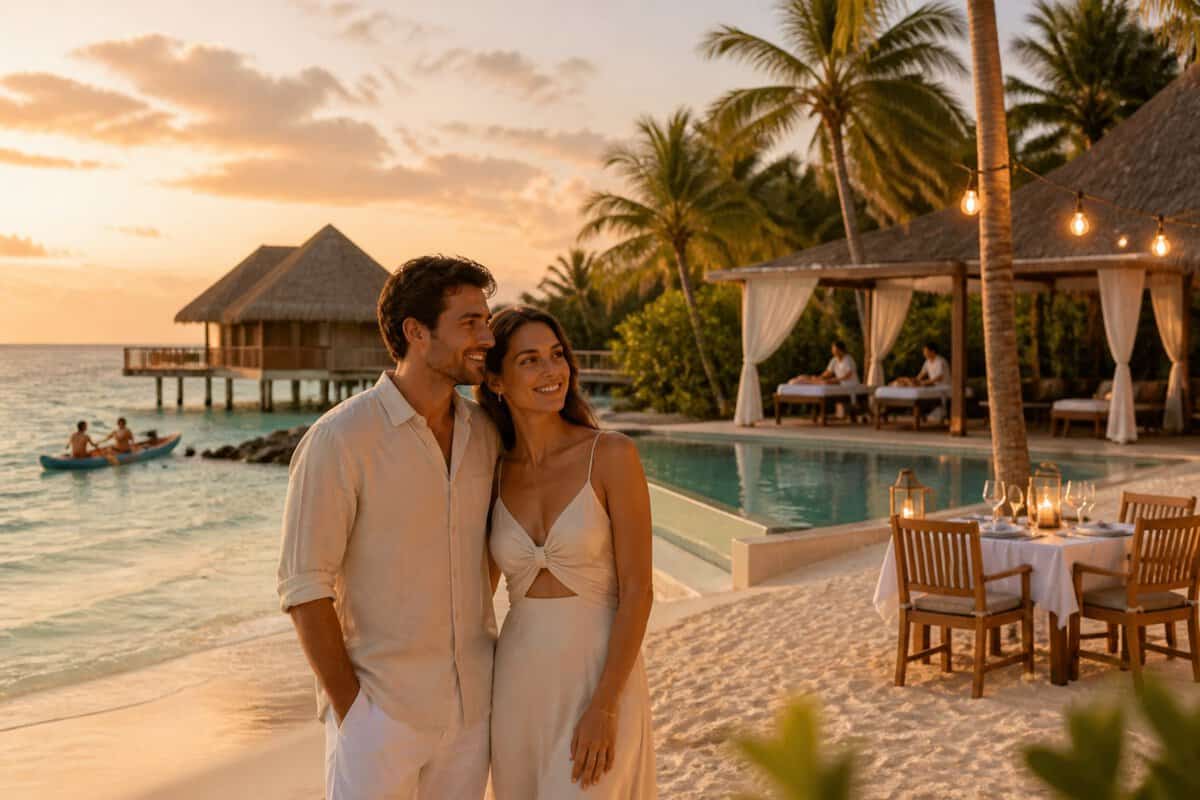 Newlywed couple at a tropical all-inclusive resort with a beach, pool, dining area, spa setting, and water activities.
