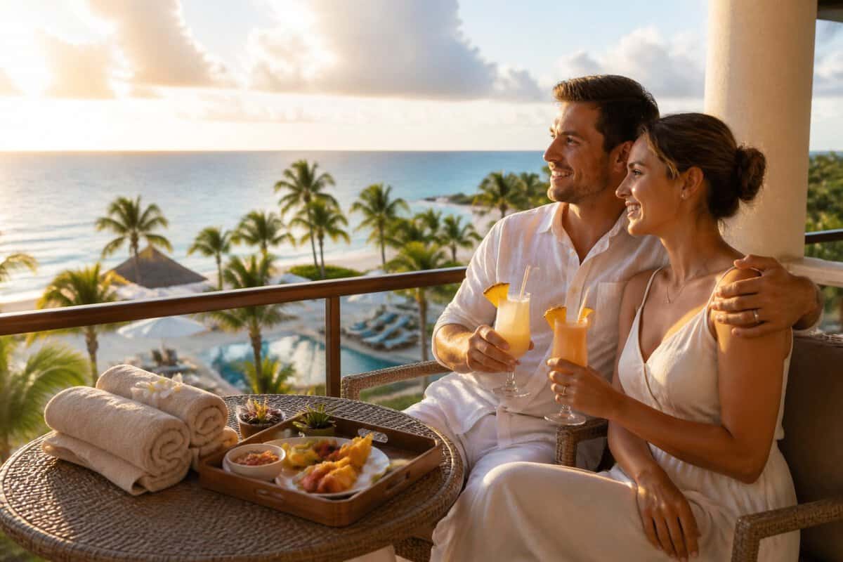 Newlywed couple relaxing at a tropical beachfront resort with breakfast and ocean views.