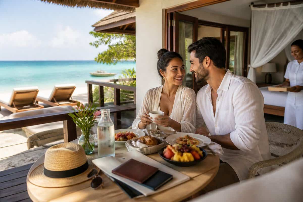 A newlywed couple enjoys breakfast together at a luxurious tropical beach resort.
