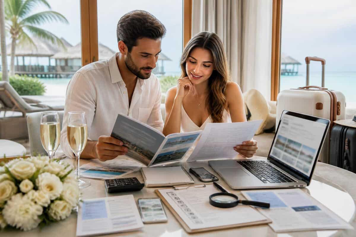 A newlywed couple compares honeymoon travel options and expenses at a resort table.