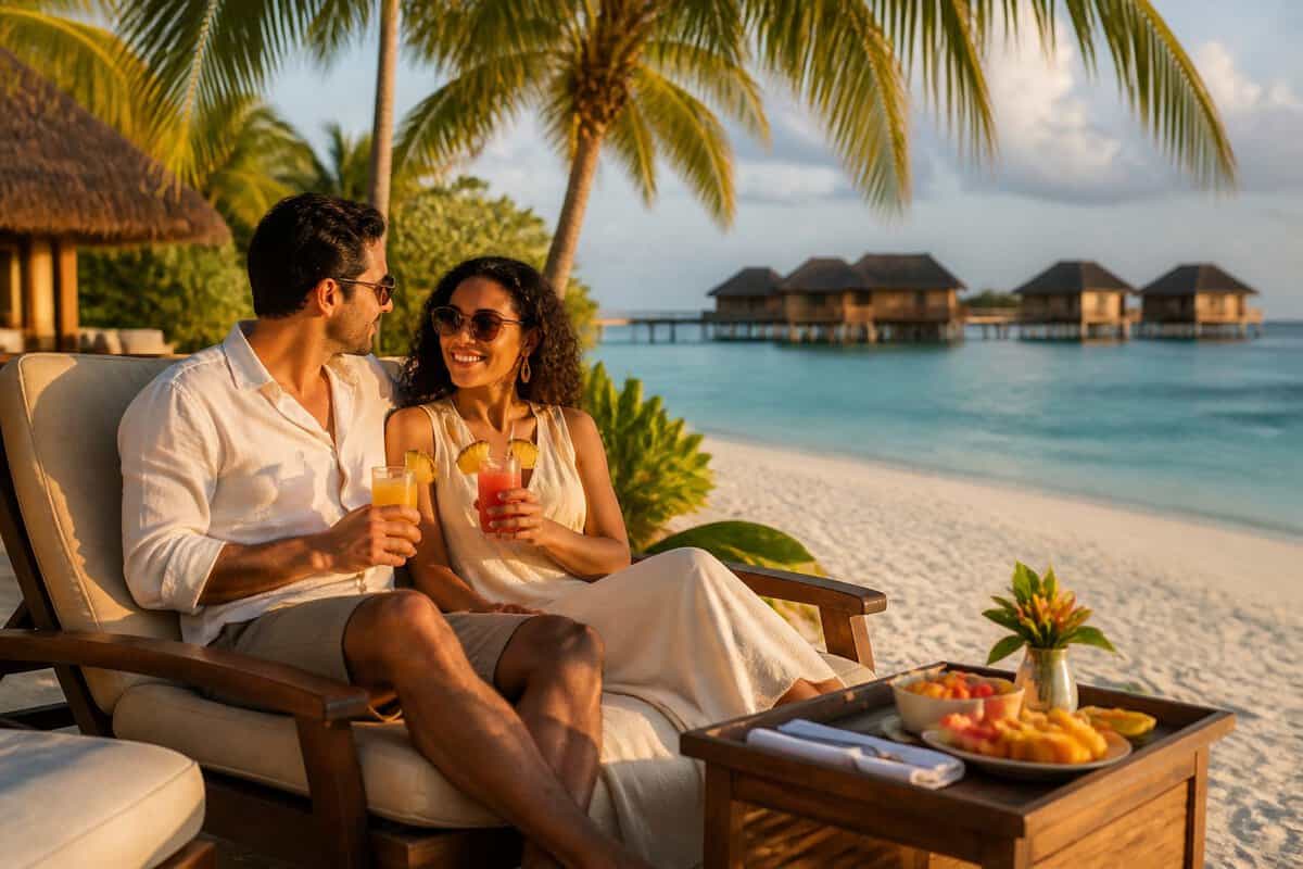 A newlywed couple relaxes at a tropical beachfront resort beside the turquoise ocean.