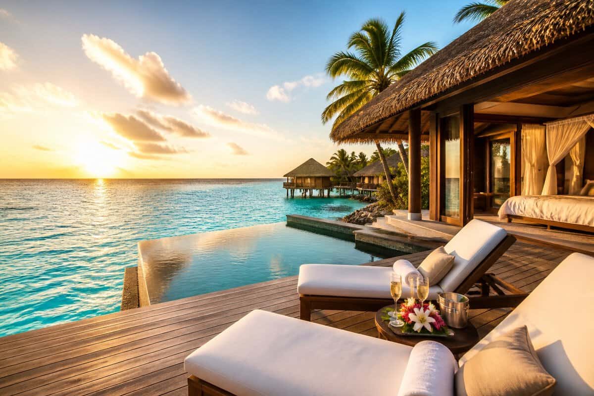 A luxurious tropical resort suite overlooking a turquoise ocean, with lounge chairs, a small pool, flowers, and champagne glasses.