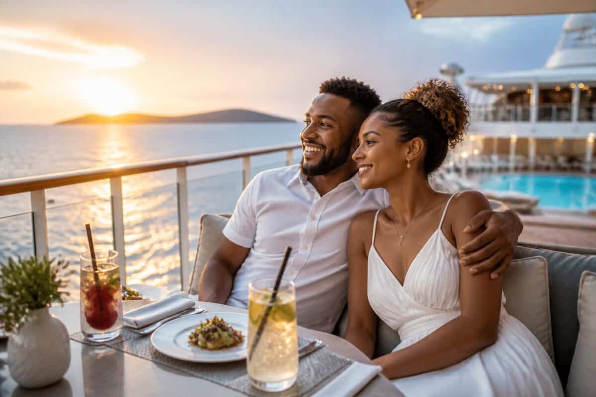 Newlywed couple relaxing on the deck of a cruise ship overlooking the ocean.